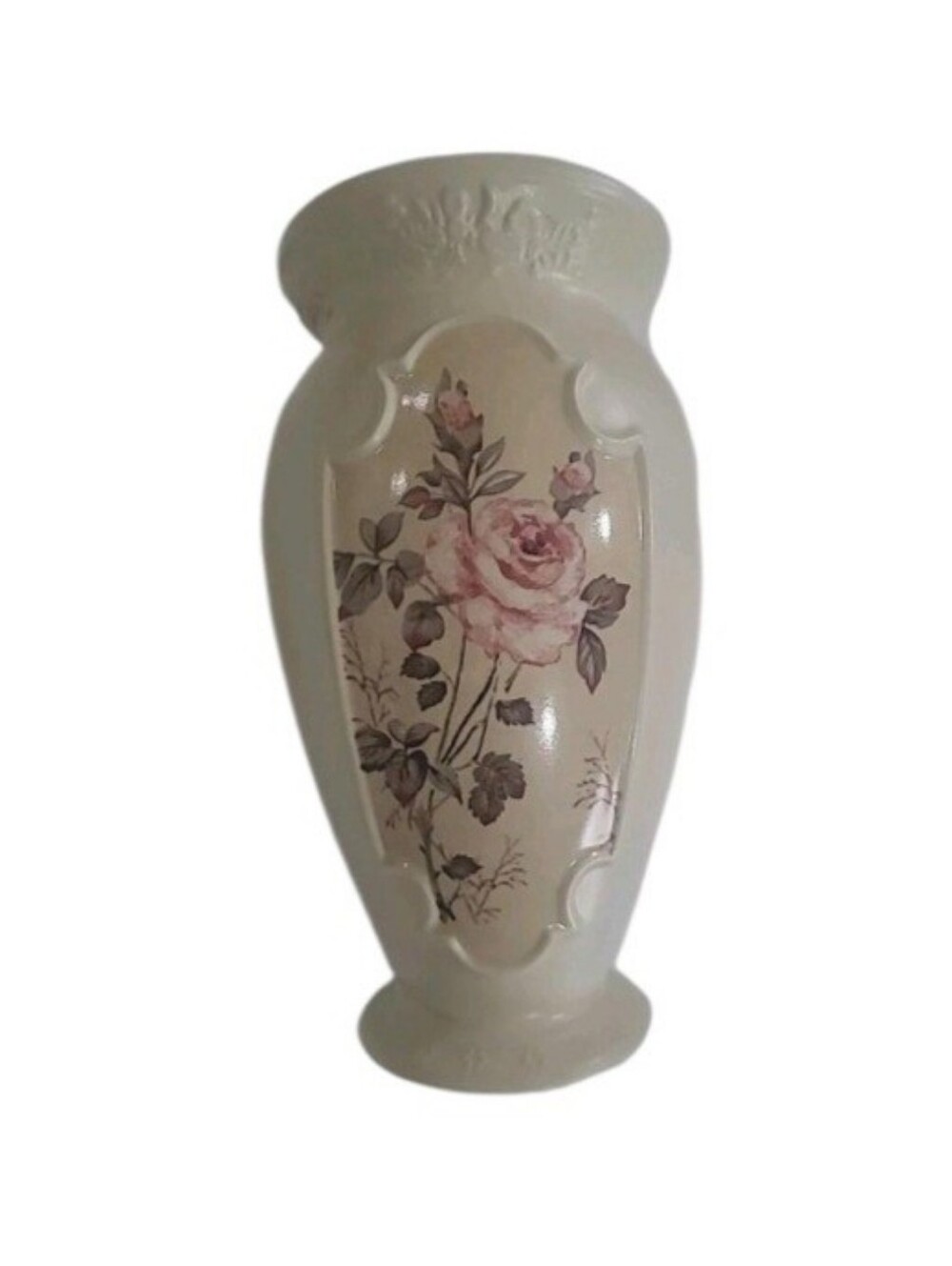 Vintage Laura Ashley Cream Floral Decorative Vase with Pink Rose Accent